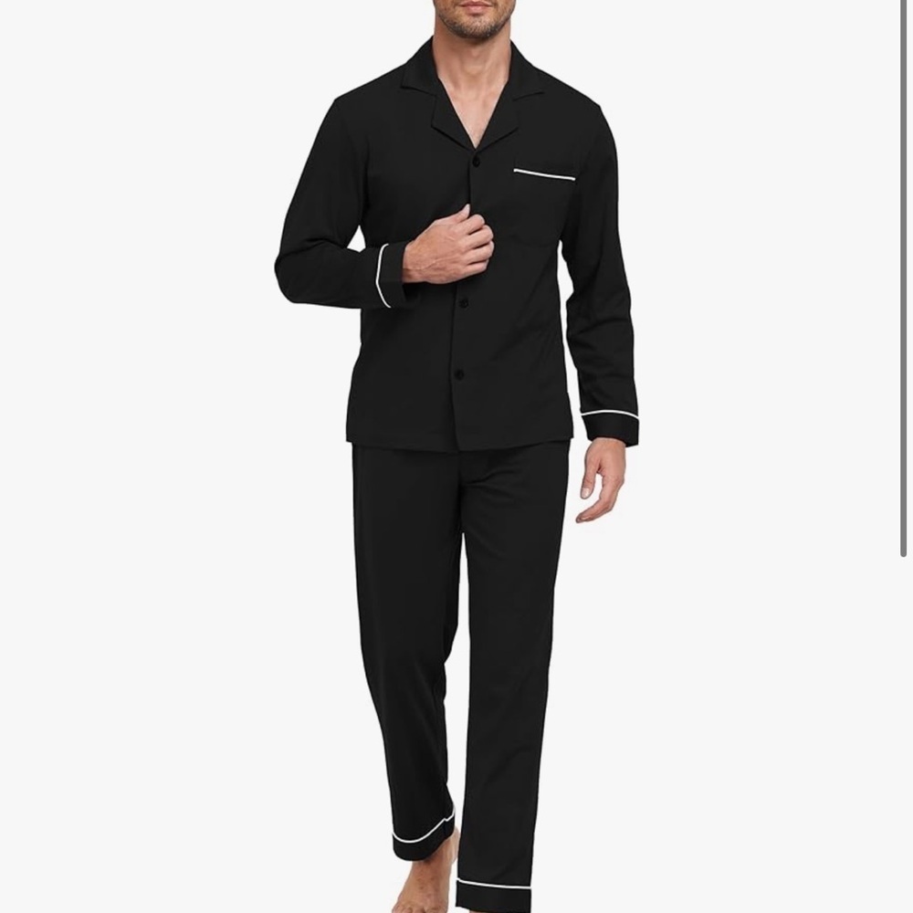 Men's Cotton Long Sleeve Pajama Set Button-Down Sleepwear PJ Set Lounge Wear Med